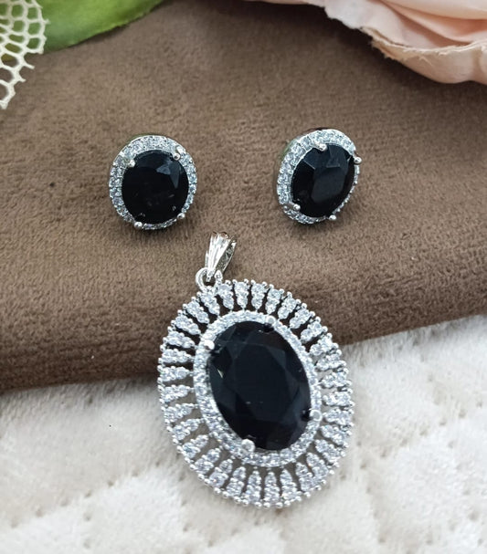 BEAUTIFUL OVAL BLACK DOUBLET STONE WITH CZ PENDANT SET FOR WOMEN