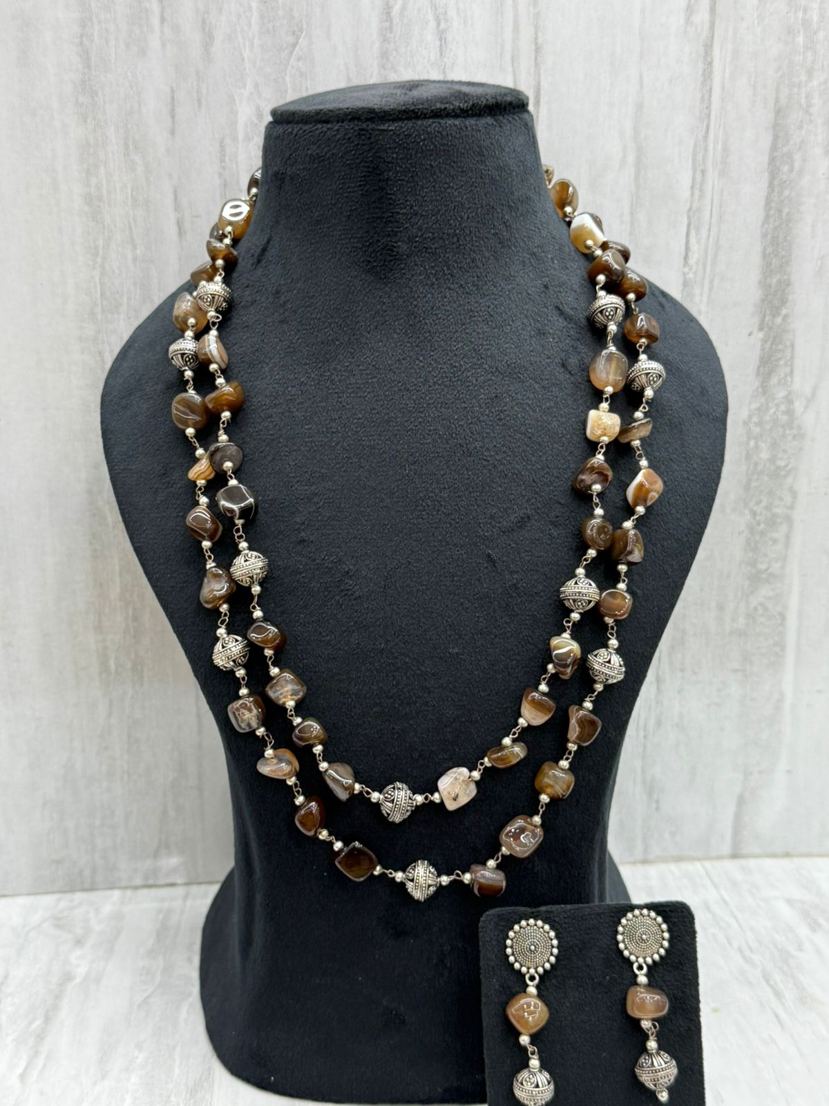 Jaipuri beaded mala in browm and black beads for girls and ladies with earrings