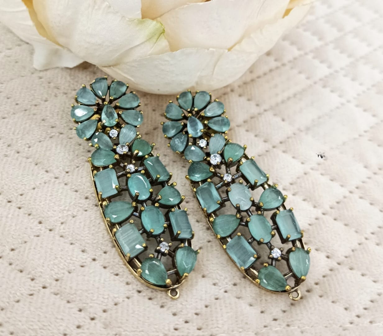 Elegant Mint Crystal Floral Drop Earrings with Gold Detailing