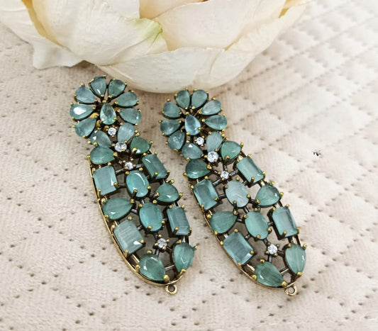 Elegant Mint Crystal Floral Drop Earrings with Gold Detailing