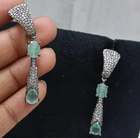 Elegant Long Drop Earrings with mint green Gemstones for Women And Girls