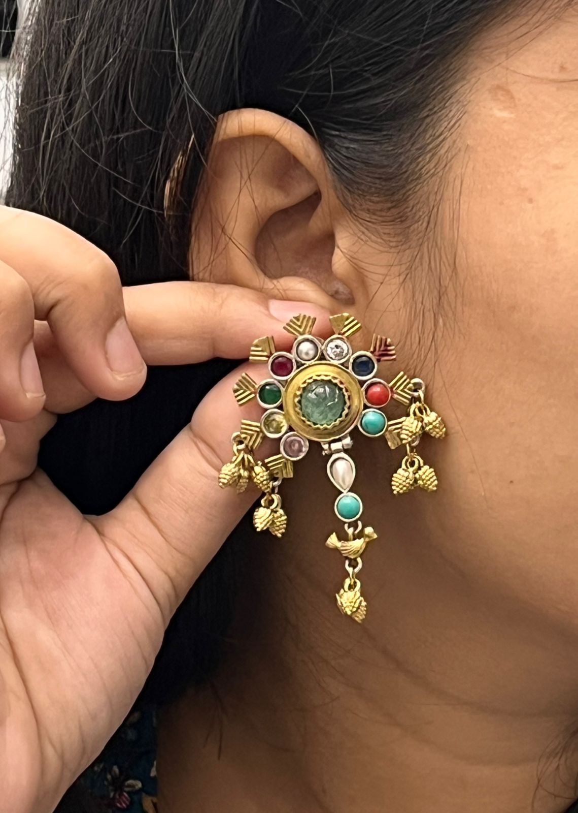Antique Multicolor Gold Polish with mint Green Stone Earrings
