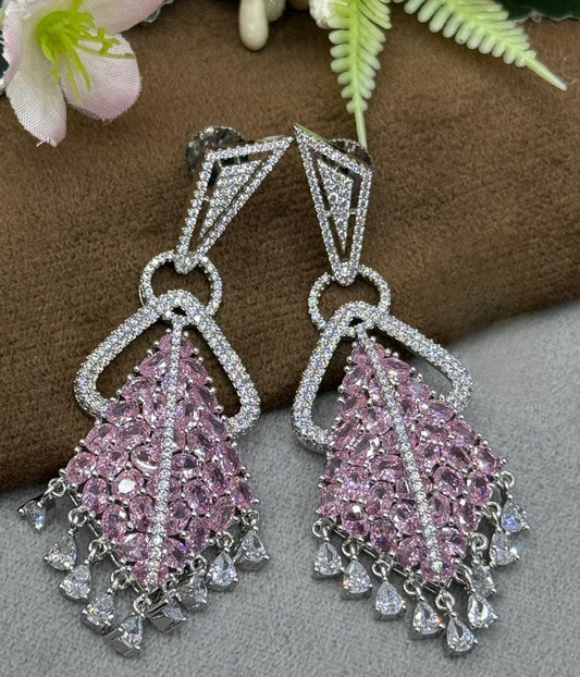 Unique Statement Earrings with Pink Stones and Sparkling Drops