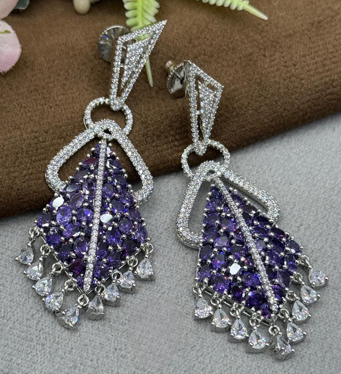 Unique Statement Earrings with Purple Stones and Sparkling Drops