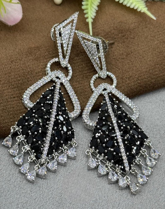 Unique Statement Earrings with Black Stones and Sparkling Drops