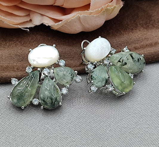 Handcrafted Amethyst & MOP Cluster Green Earrings with Sparkling CZ stone