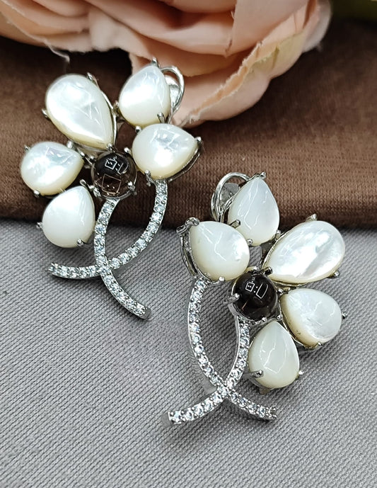 White Prehnite & Mother of Pearl Floral Earrings with CZ stone