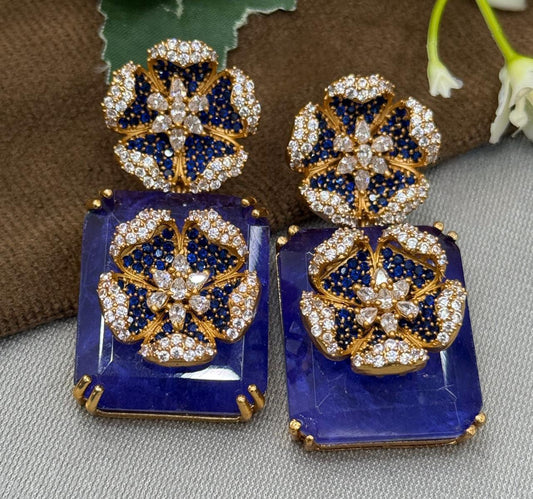 Gold-Plated Floral Crystal Earrings with Blue Stone
