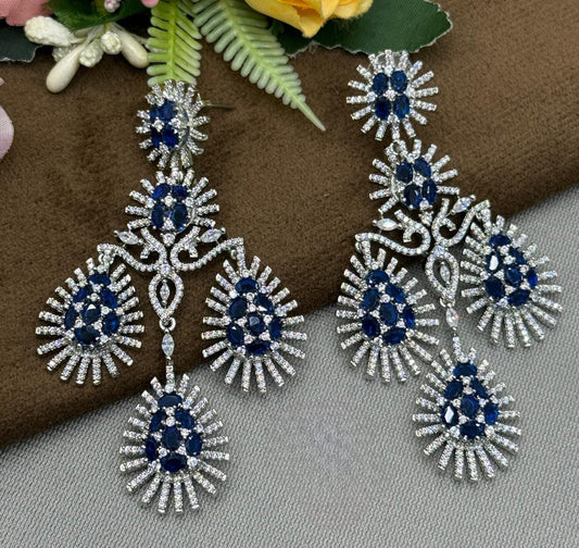 Glamorous Long Drop Earrings with Blue and CZ stone