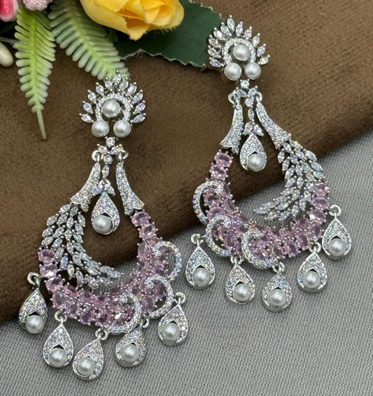 Glamorous Pearl Drop & Pink Zircon Long Earrings