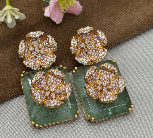 Gold-Plated Floral Crystal Earrings with Green Stone