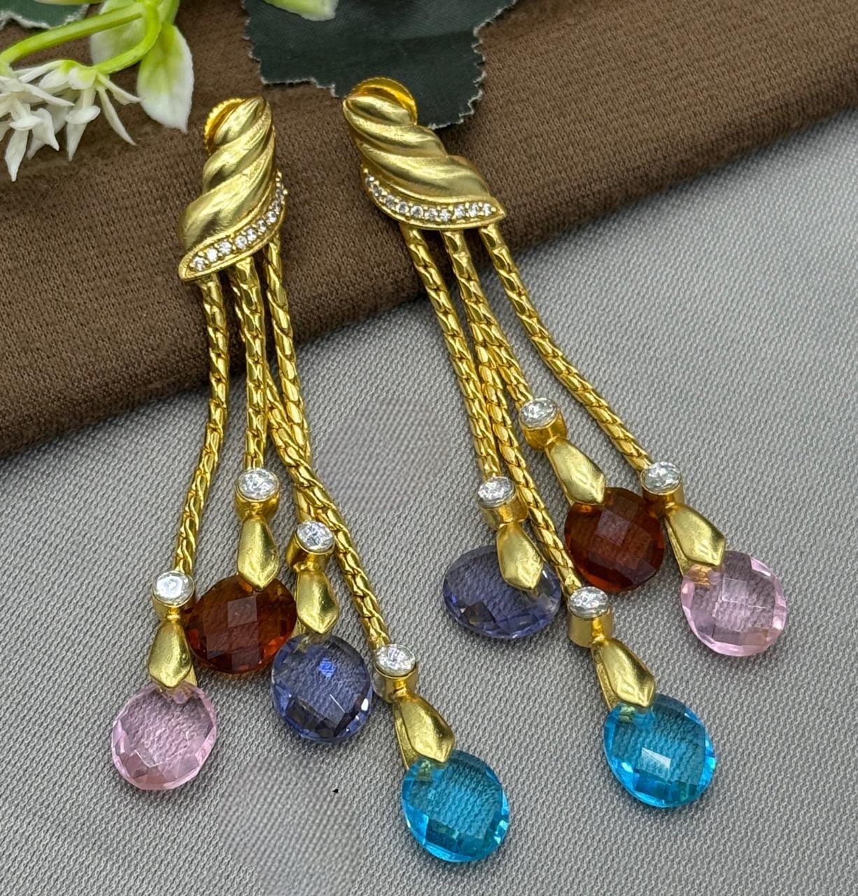 Elegant Gold Chain Earrings with Colorful CZ Stone