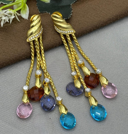 Elegant Gold Chain Earrings with Colorful CZ Stone