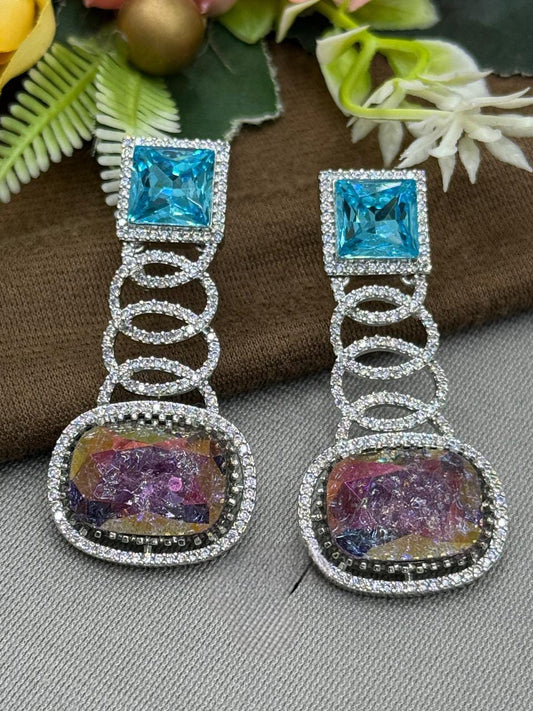Elegant Rainbow Crystal & Aqua CZ Stone Drop Earrings
