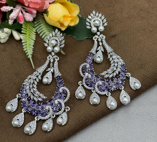 Glamorous Pearl Drop & Purple Zircon Long Earrings