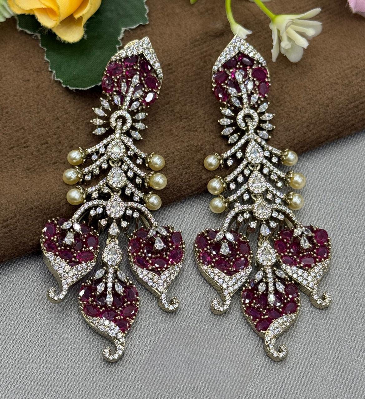 Elegant Long Earrings with Red Stones, Pearls & Gold Crystals
