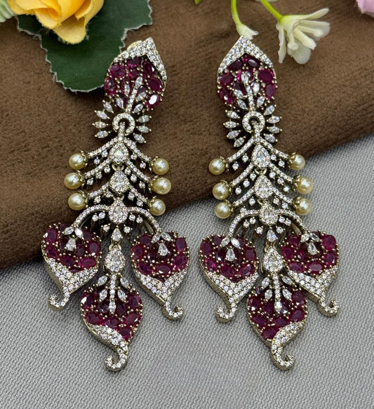 Elegant Long Earrings with Red Stones, Pearls & Gold Crystals