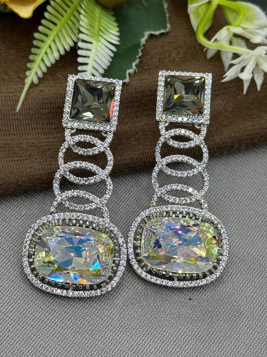 Elegant Rainbow Crystal & Grey CZ Stone Drop Earrings