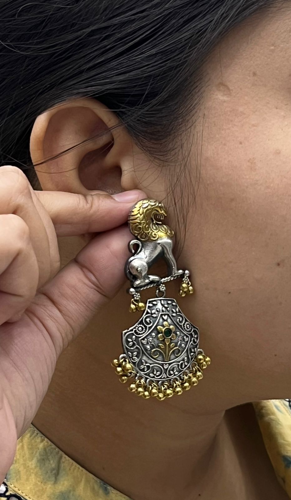 Antique Oxidized Silver Earrings with Lion Motif & Golden Bead Danglers