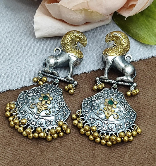 Antique Oxidized Silver Earrings with Lion Motif & Golden Bead Danglers