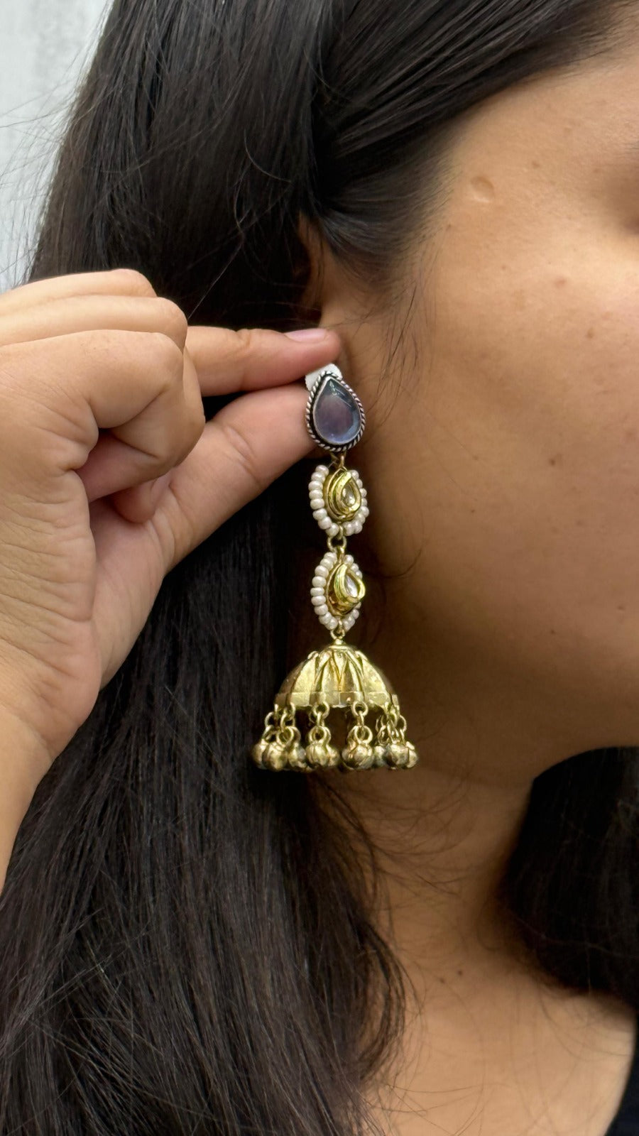 Gold-Plated Blue Stone Jhumka Earrings with Kundan & Pearl Detailing