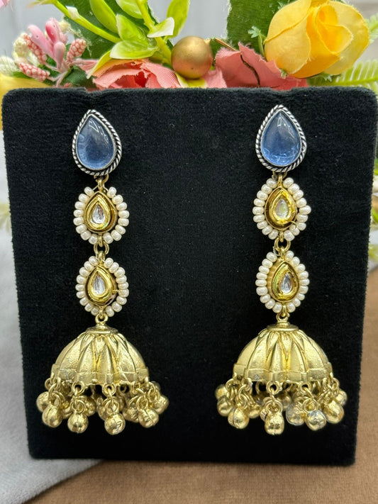 Gold-Plated Blue Stone Jhumka Earrings with Kundan & Pearl Detailing