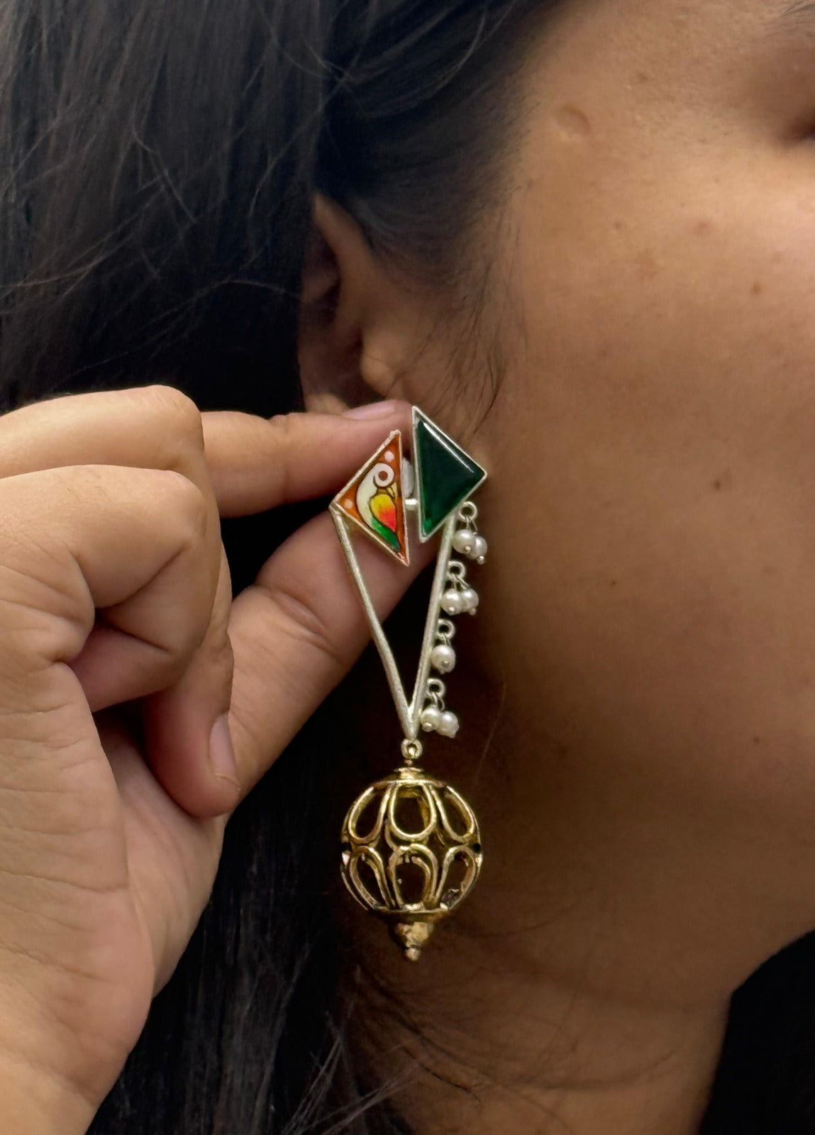 Gold-Plated Geometric Drop Earrings with Green Enamel & Pearl Beads