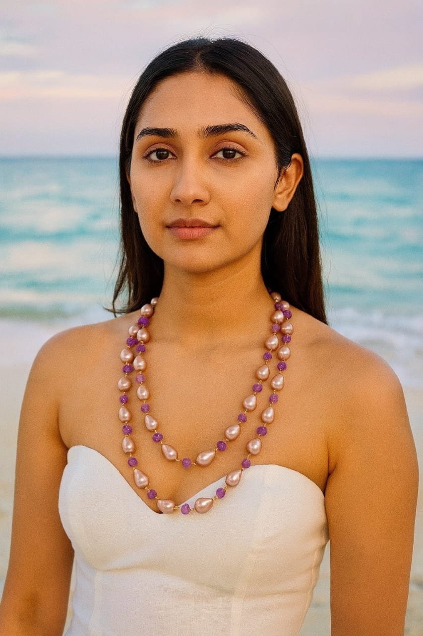 Ethnic White Pearl & Purple Bead Mala With Double Layer