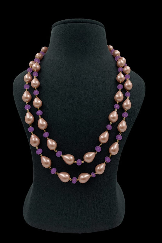 Ethnic White Pearl & Purple Bead Mala With Double Layer