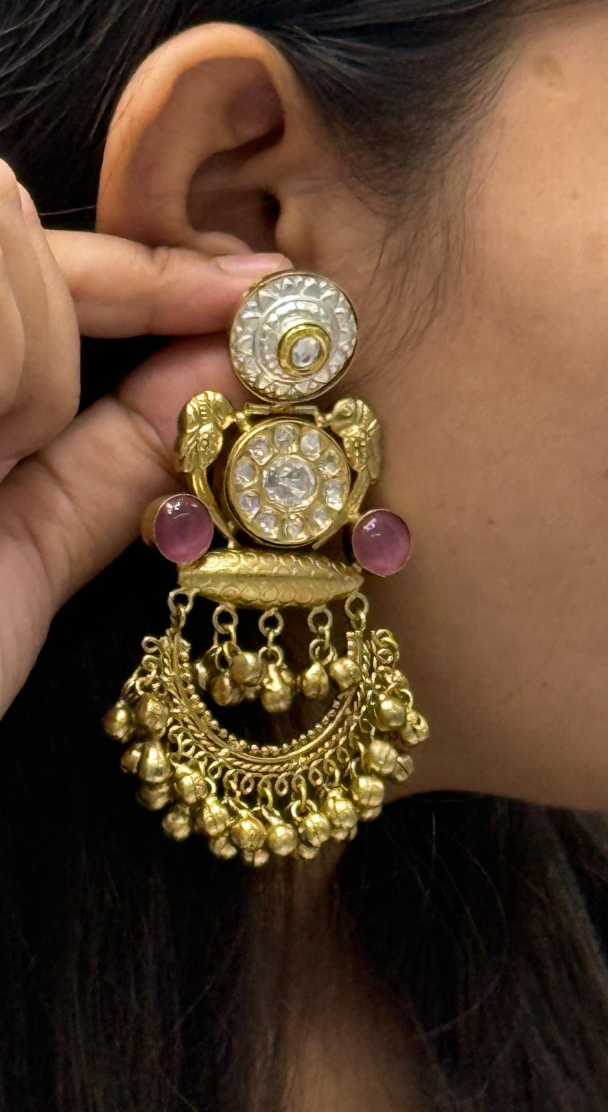 Antique Gold-Plated Statement Earrings with Kundan, Pink Stones & Beaded Drop