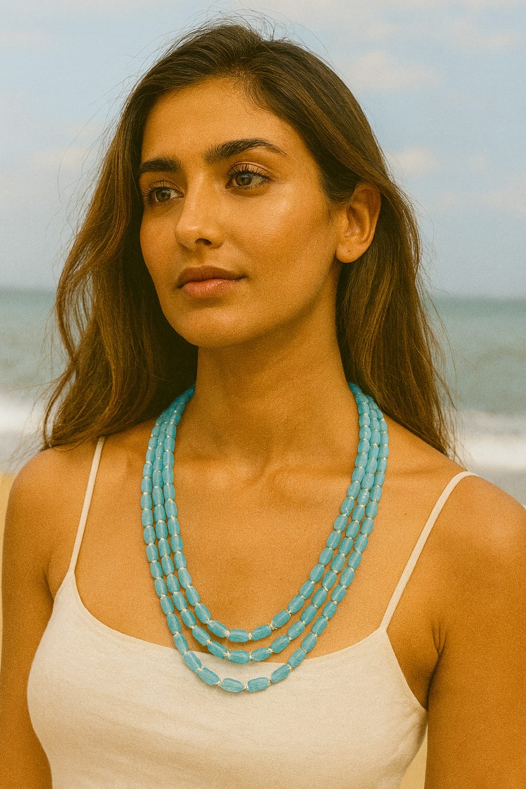 Elegant Three layer mala with bold Aqua Blue beads For Women