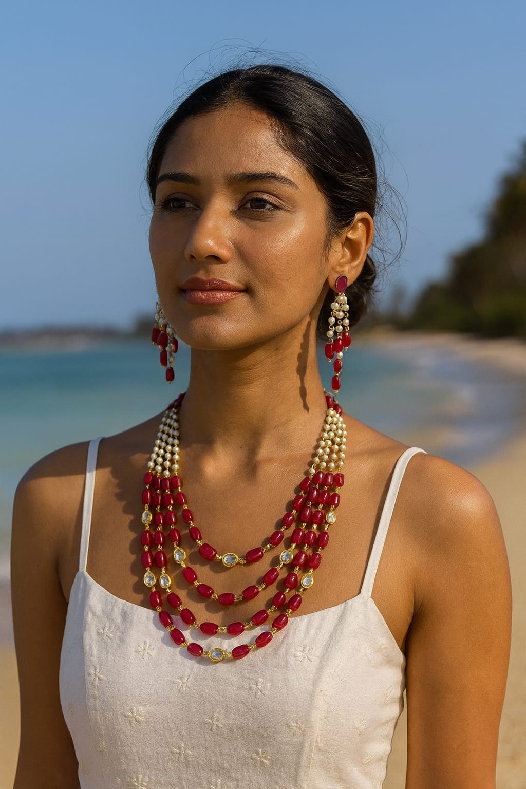 Handcrafted Red Beads & Pearl Mala with Earrings For Women