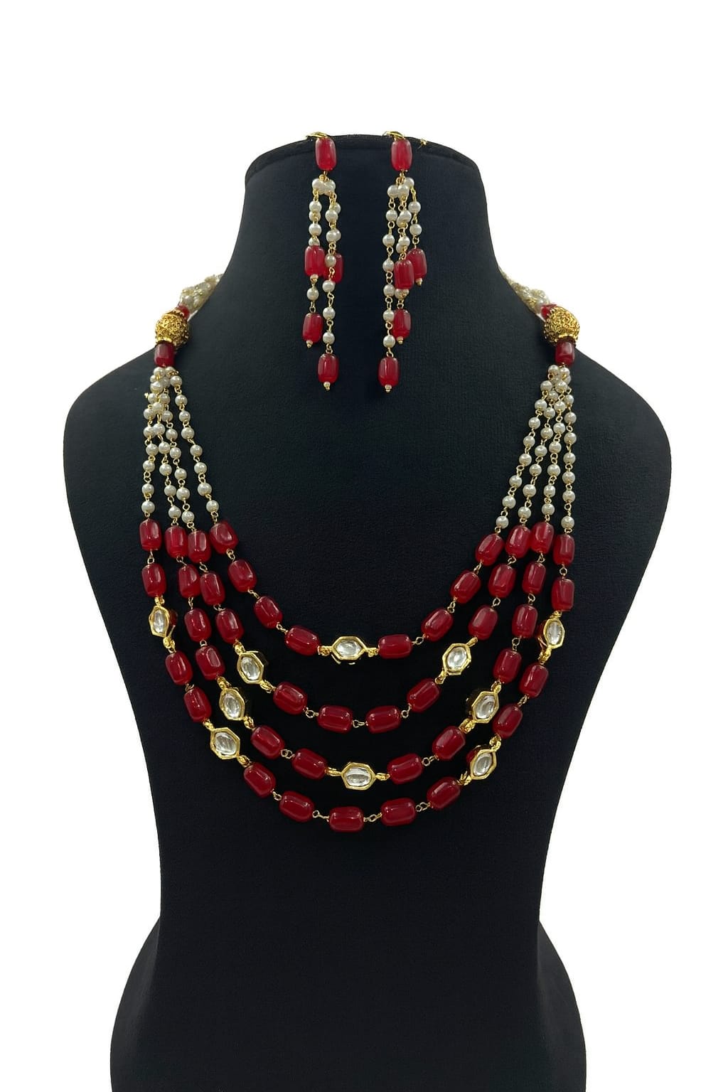 Handcrafted Red Beads & Pearl Mala with Earrings For Women