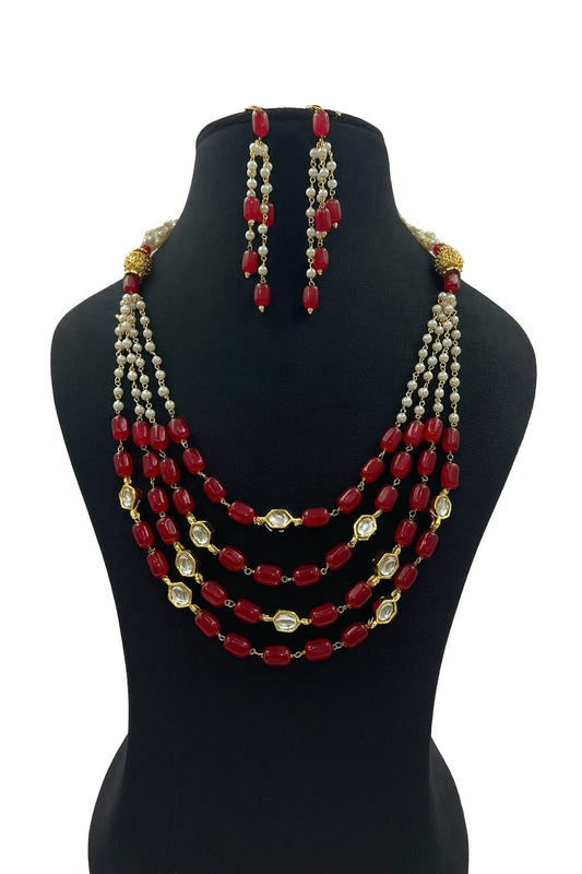 Handcrafted Red Beads & Pearl Mala with Earrings For Women