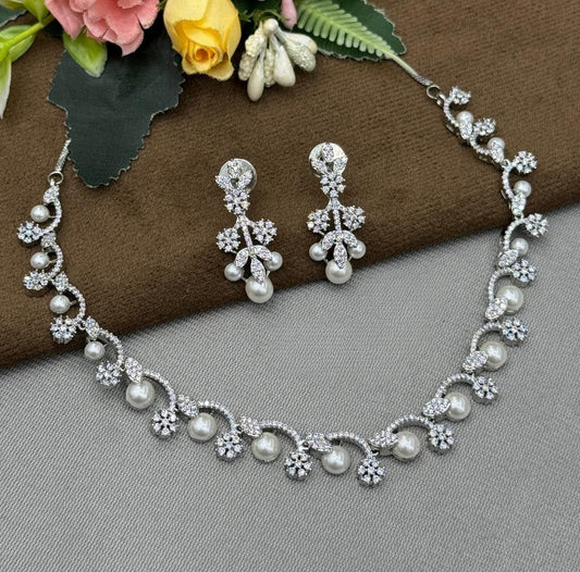 Elegant Pearl & CZ Stone Necklace with Earrings For Women