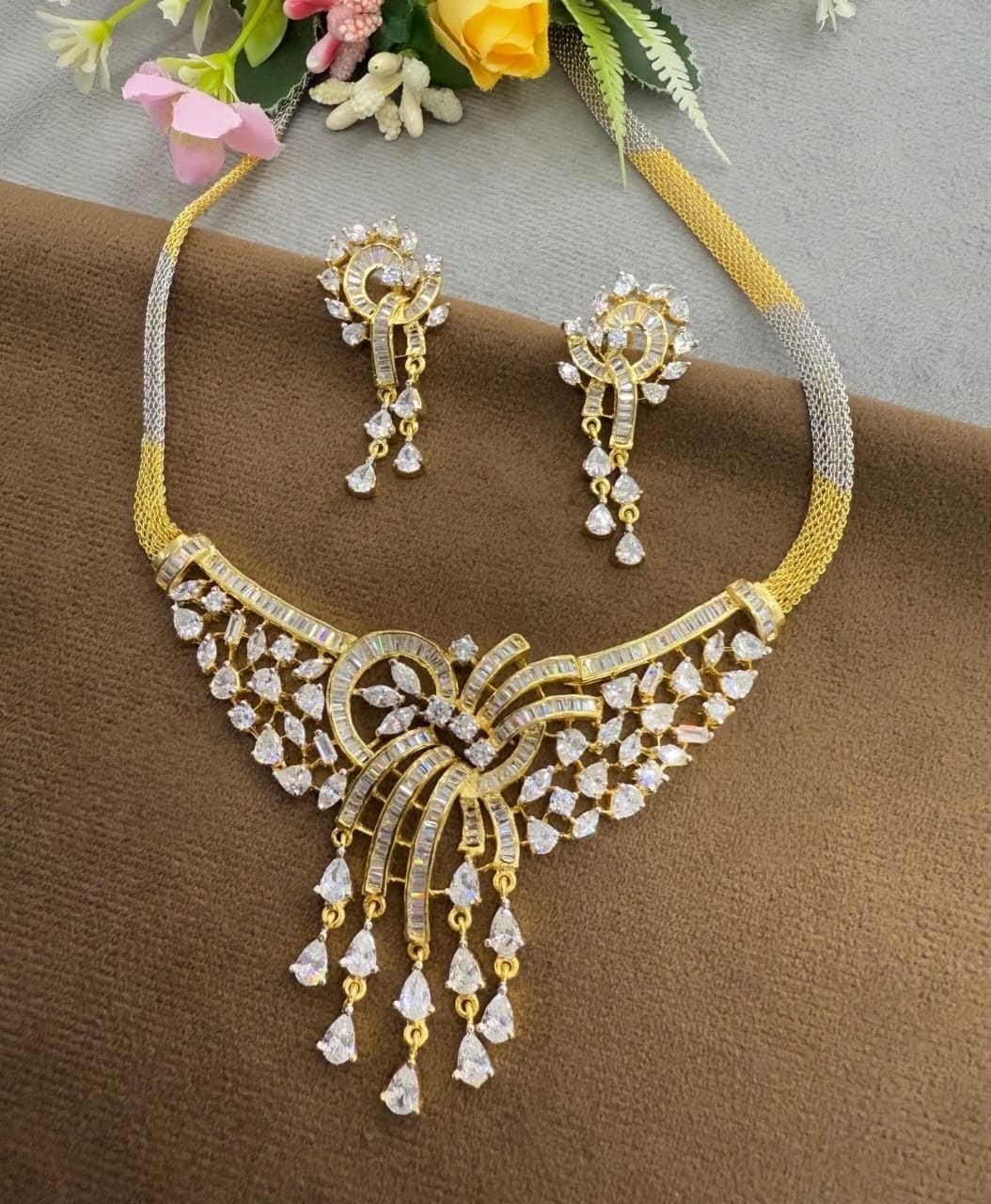Elegant Gold Finish Necklace Set with Sparkling CZ Stones & Earrings
