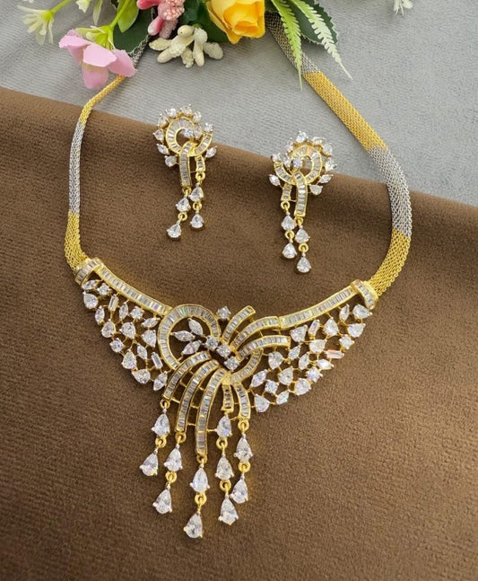 Elegant Gold Finish Necklace Set with Sparkling CZ Stones & Earrings