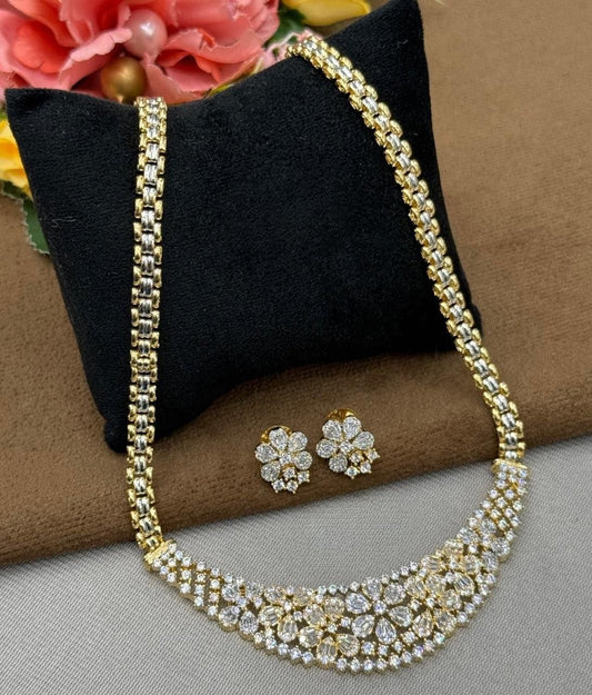 Gold-Plated Floral Necklace & Earring Set with Sparkling CZ Stones