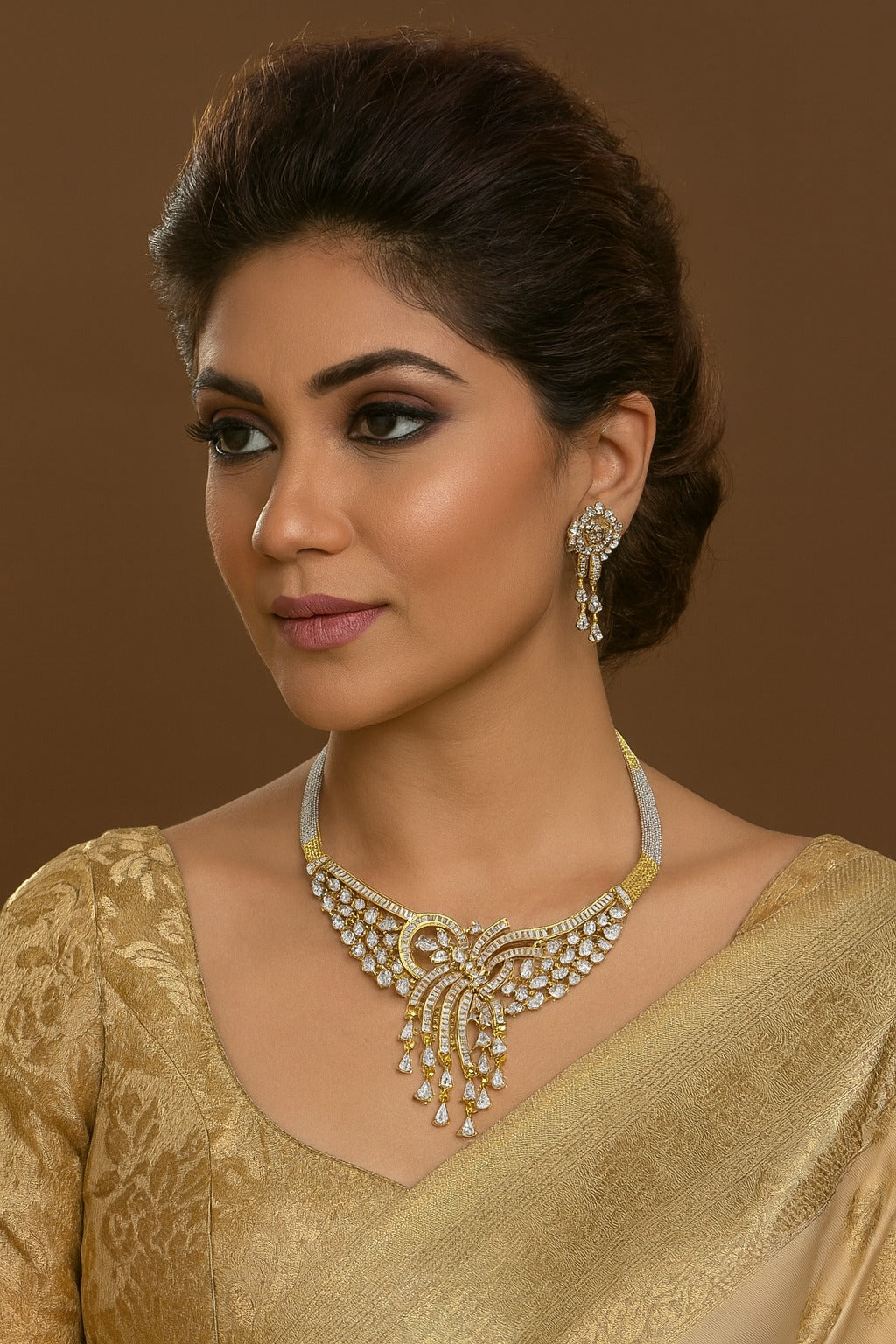 Elegant Gold Finish Necklace Set with Sparkling CZ Stones & Earrings