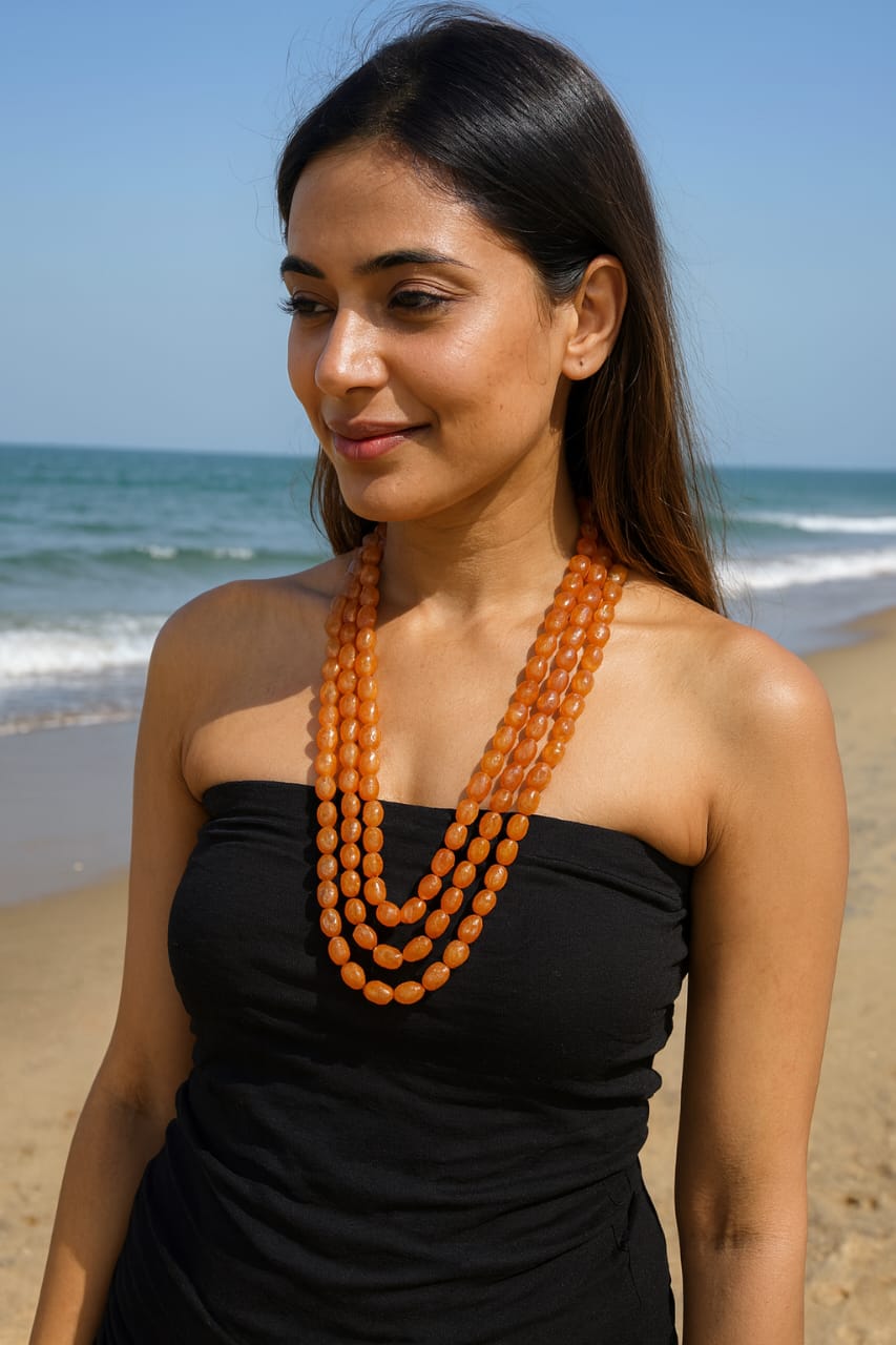 Ethnic Handcrafted Three Layer Orange Beaded Cz Mala for Women