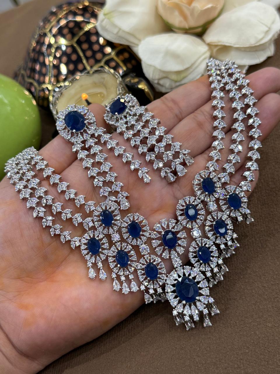 Beautiful CZ Necklace With Long Earrings In Blue For Women