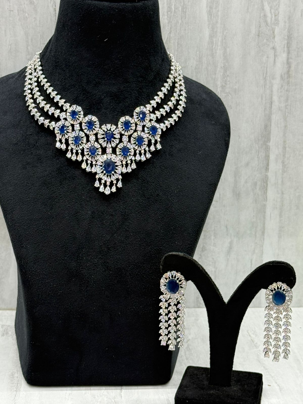 Beautiful CZ Necklace With Long Earrings In Blue For Women