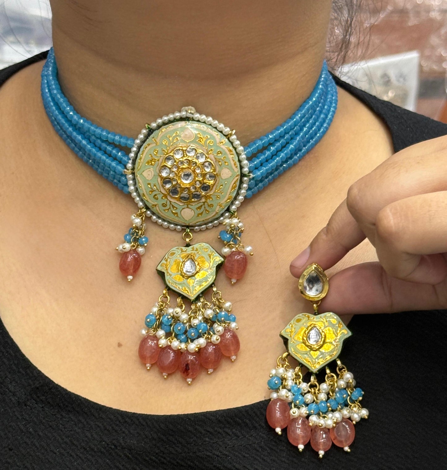 HANDPAINTED MEENAKARI BLUE NECKLACE WITH MONALISA BEADS