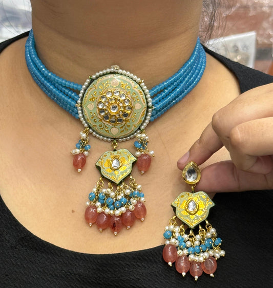 HANDPAINTED MEENAKARI BLUE NECKLACE WITH MONALISA BEADS
