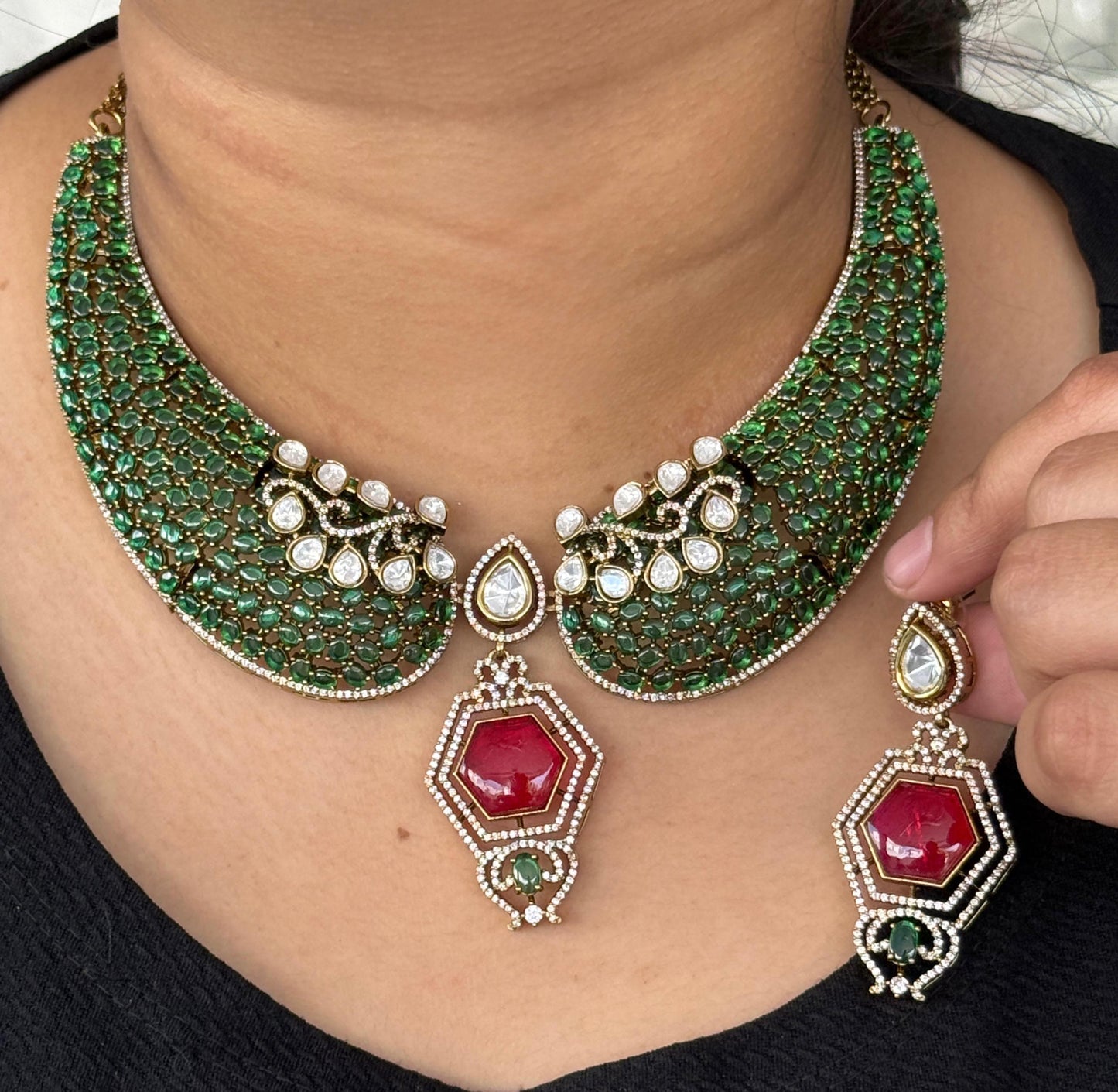 Hasli With Mossanite Kundan   in Green For Women