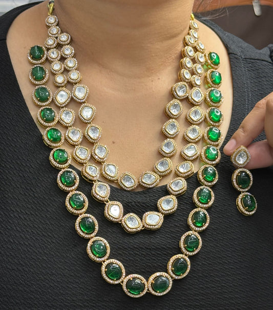 Three Layer Green Kundan Polki Necklace for woman