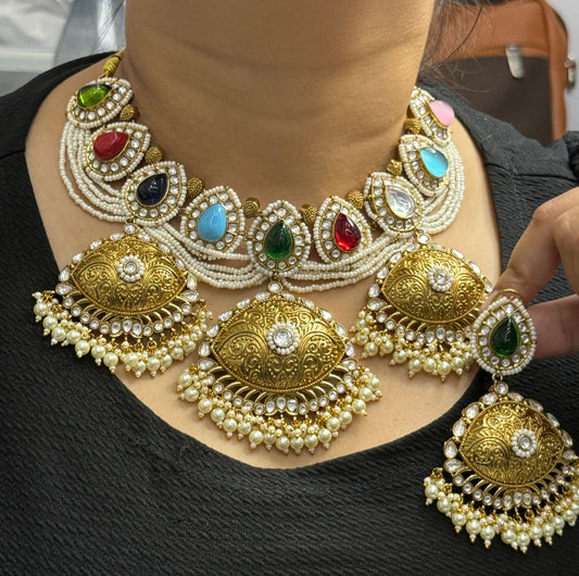 Golden tone with kundan necklace with earrings for women