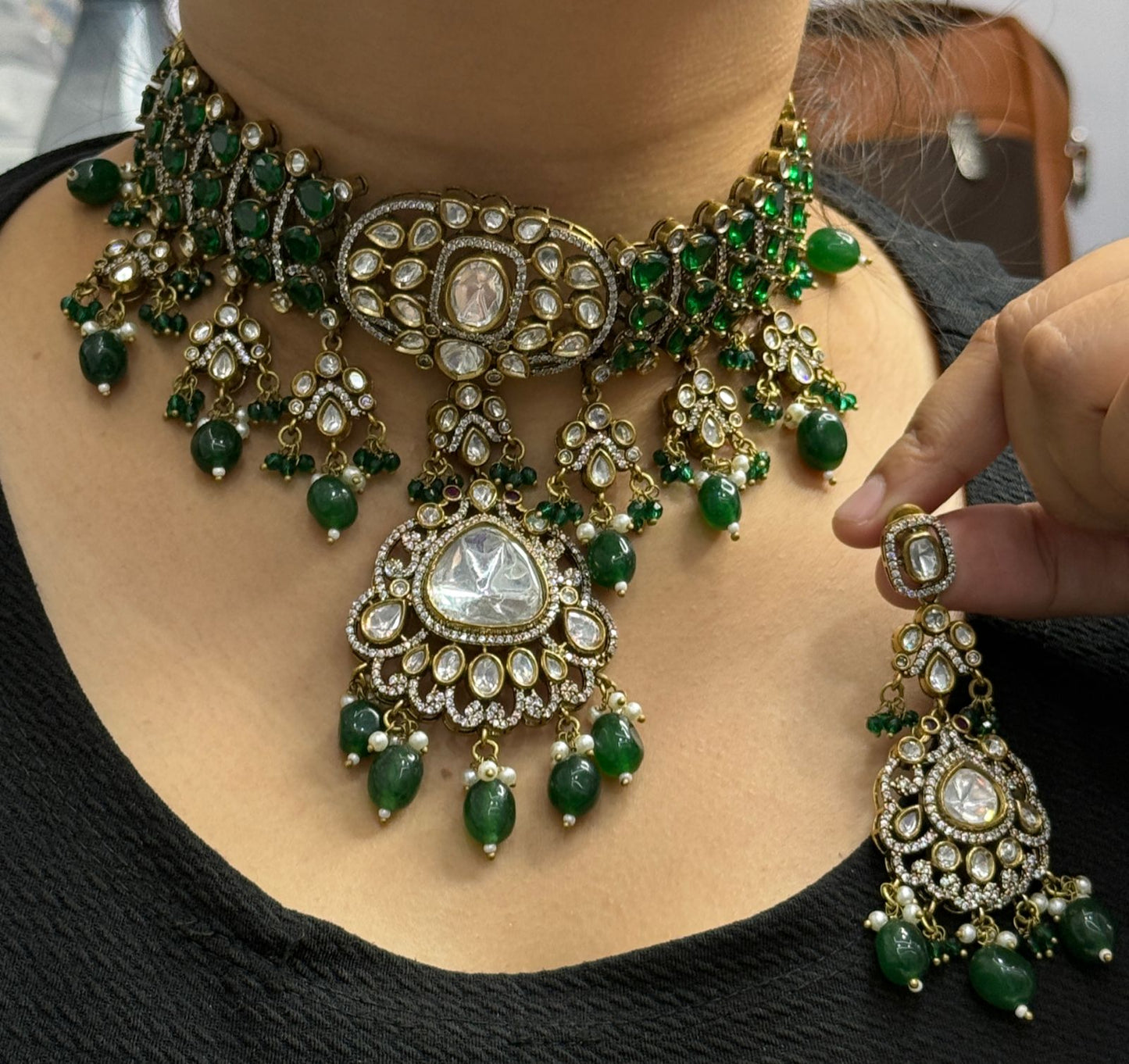 Bridal Necklace With Doublet Stone In Green For Women