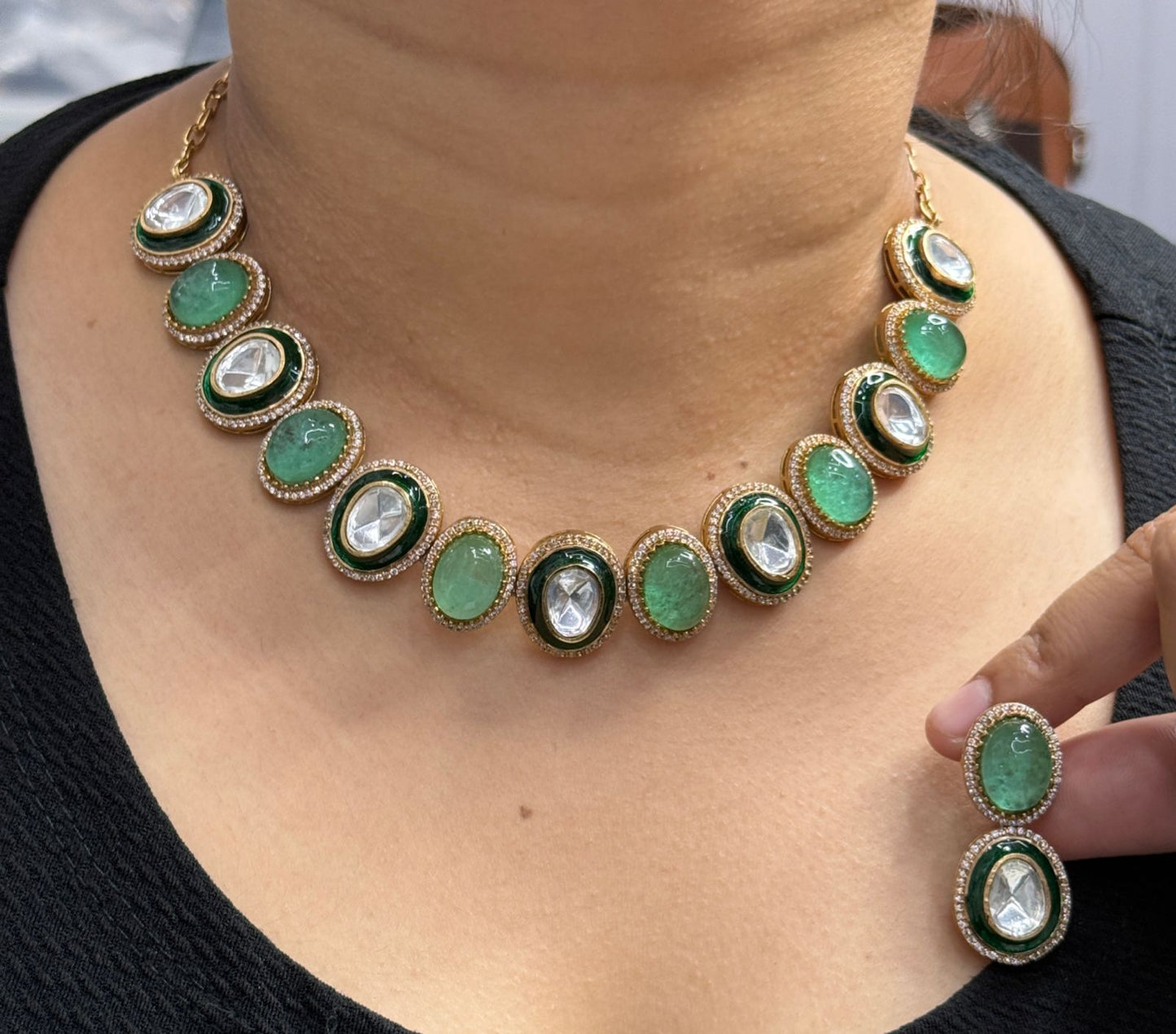 Polki With Doublet Stone Choker In Mint For Women