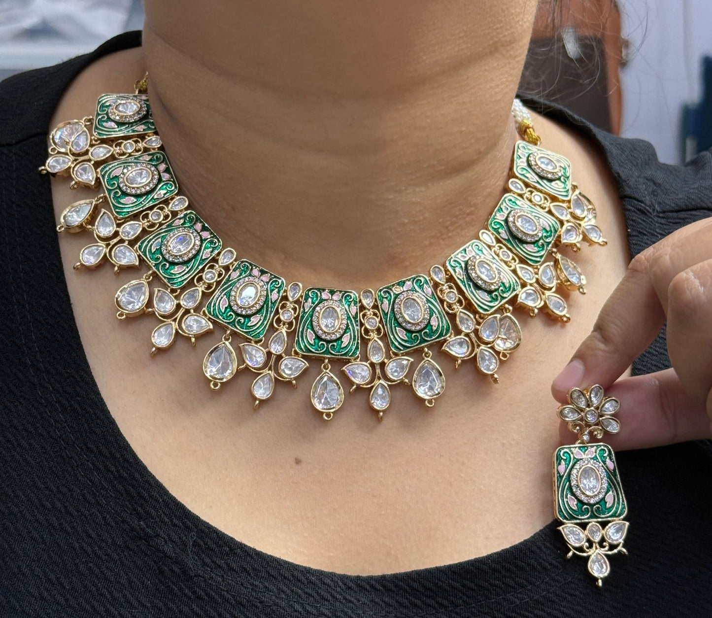 Meenakari With Kundan Necklace In Mint For Women